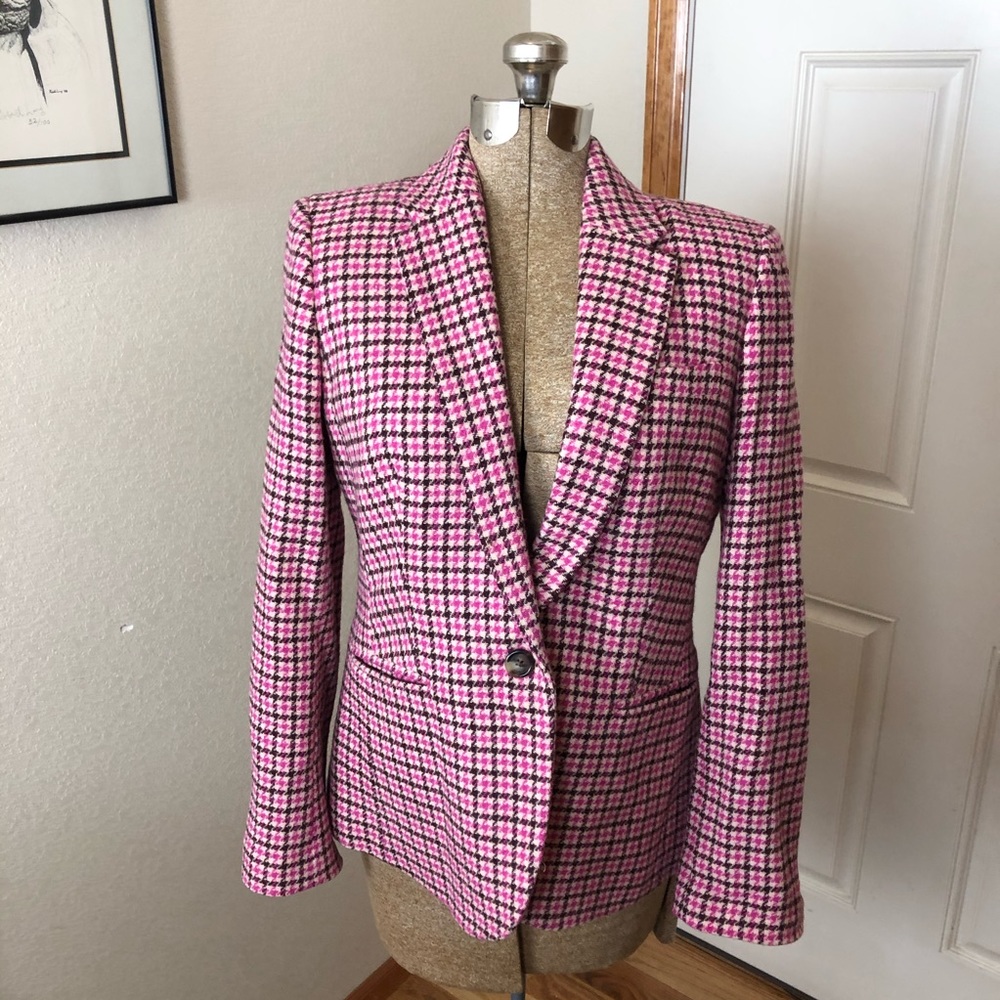 J Crew Campbell Pink Houndstooth Blazer Wool